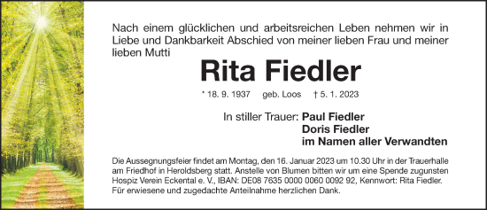 Traueranzeige von Rita Fiedler von Gesamtausgabe Nürnberger Nachrichten/ Nürnberger Ztg.