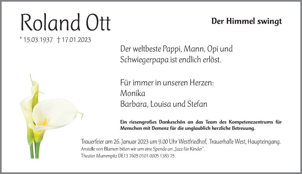  Traueranzeige für Roland Ott vom 21.01.2023 aus Gesamtausgabe Nürnberger Nachrichten/ Nürnberger Ztg.