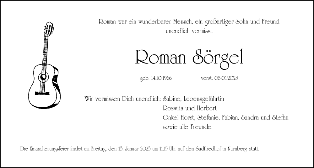  Traueranzeige für Roman Sörgel vom 11.01.2023 aus Gesamtausgabe Nürnberger Nachrichten/ Nürnberger Ztg.