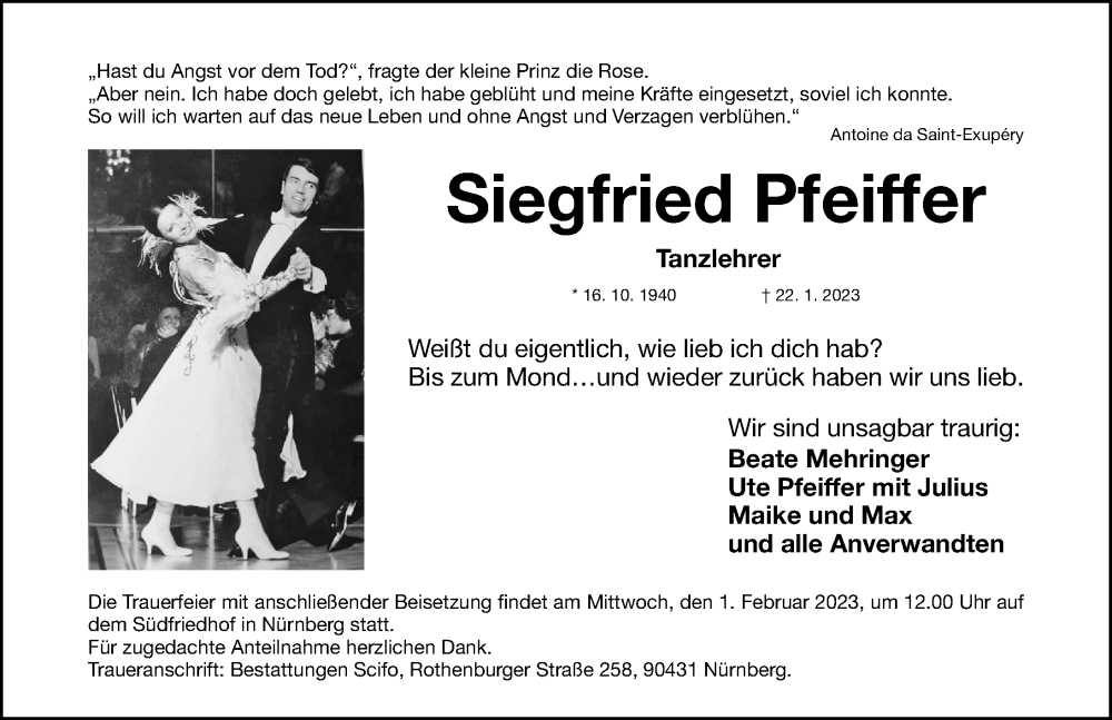  Traueranzeige für Siegfried Pfeiffer vom 28.01.2023 aus Gesamtausgabe Nürnberger Nachrichten/ Nürnberger Ztg.