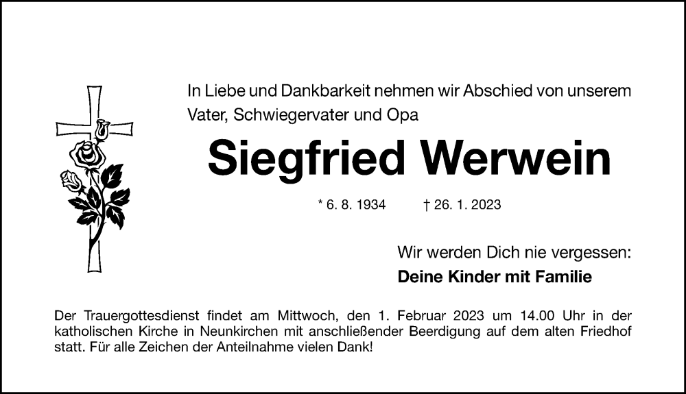  Traueranzeige für Siegfried Werwein vom 28.01.2023 aus Erlanger Nachrichten/ Nordbayer. Nachrichten Forchheim