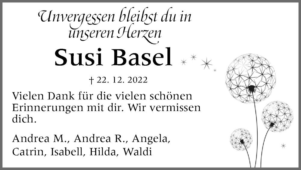  Traueranzeige für Susanne Basel vom 05.01.2023 aus Gesamtausgabe Nürnberger Nachrichten/ Nürnberger Ztg.