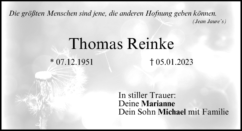  Traueranzeige für Thomas Reinke vom 21.01.2023 aus Erlanger Nachrichten/ Nordbayer. Nachrichten Forchheim