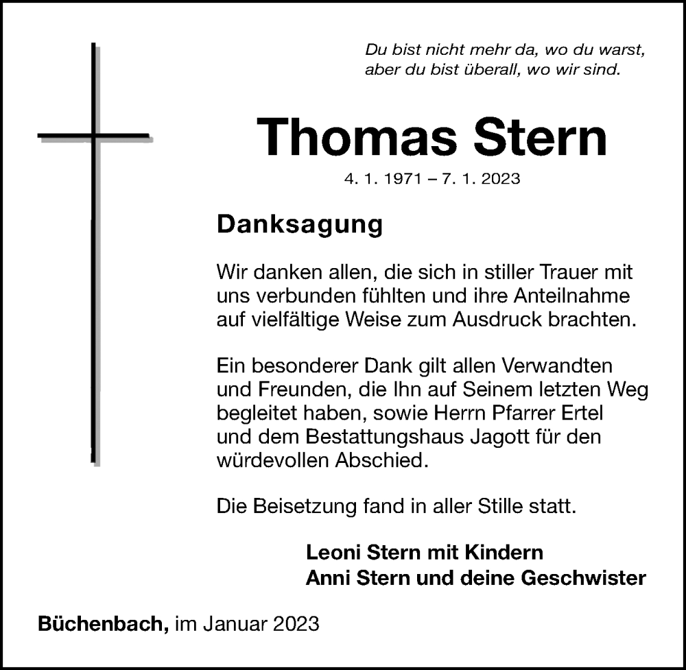  Traueranzeige für Thomas Stern vom 28.01.2023 aus Roth-Hilpoltsteiner Volkszeitung Lokal