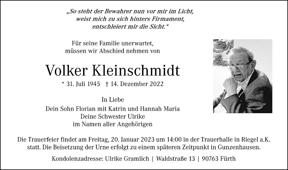  Traueranzeige für Volker Kleinschmidt vom 14.01.2023 aus Altmühl-Bote Lokal