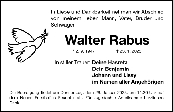 Traueranzeige von Walter Rabus von Gesamtausgabe Nürnberger Nachrichten/ Nürnberger Ztg.