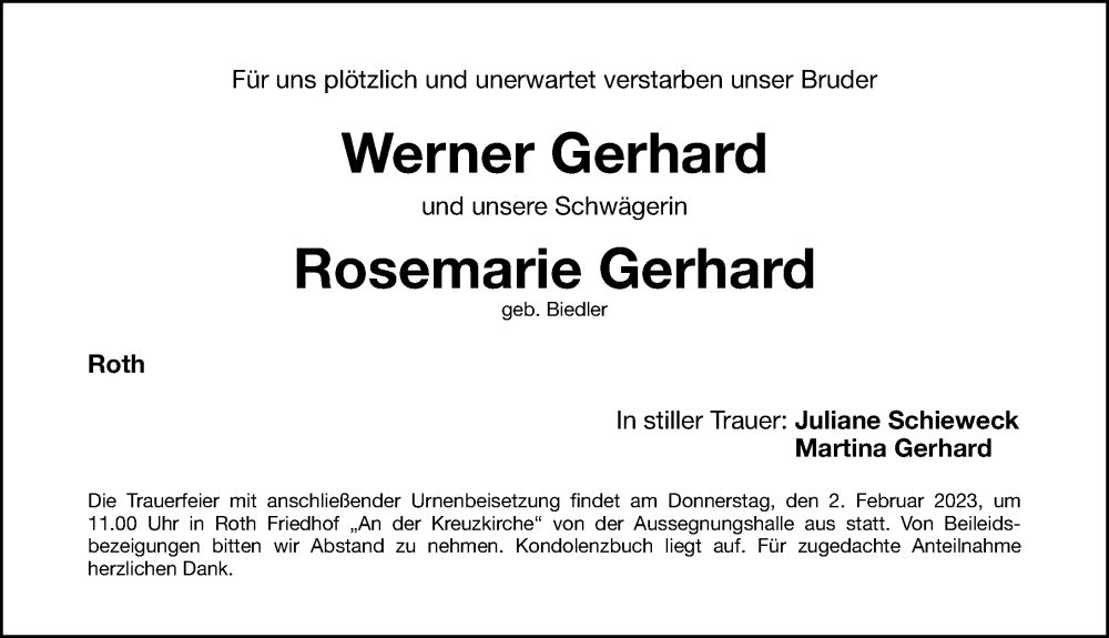  Traueranzeige für Werner Gerhard vom 30.01.2023 aus Roth-Hilpoltsteiner Volkszeitung Lokal