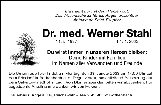 Traueranzeige von Werner Stahl von Gesamtausgabe Nürnberger Nachrichten/ Nürnberger Ztg.