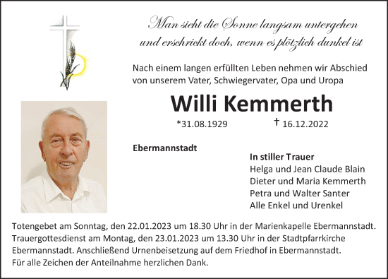 Traueranzeige von Willi Kemmerth von Nordbayerische Nachrichten Forchheim Lokal