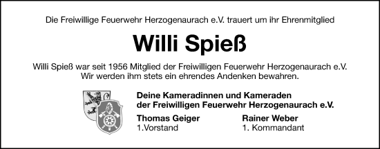 Traueranzeige von Willi Spieß von Nordbayerische Nachrichten Herzogenaurach Lokal