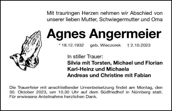 Traueranzeige von Agnes Angermeier von Gesamtausgabe Nürnberger Nachrichten/ Nürnberger Ztg.