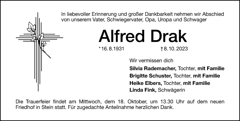  Traueranzeige für Alfred Drak vom 14.10.2023 aus Gesamtausgabe Nürnberger Nachrichten/ Nürnberger Ztg.