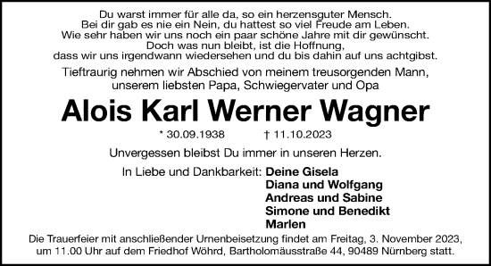 Traueranzeige von Alois Karl Werner Wagner von Gesamtausgabe Nürnberger Nachrichten/ Nürnberger Ztg.