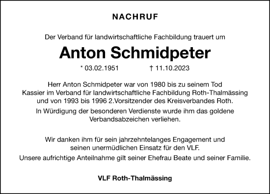 Traueranzeige von Anton Schmidpeter von Schwabacher Tagblatt Lokal
