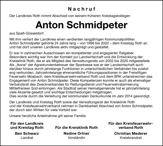 Traueranzeige von Anton Schmidpeter von Roth-Hilpoltsteiner Volkszeitung/ Schwabach