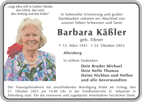 Traueranzeige von Barbara Käßler von Roth-Hilpoltsteiner Volkszeitung Lokal
