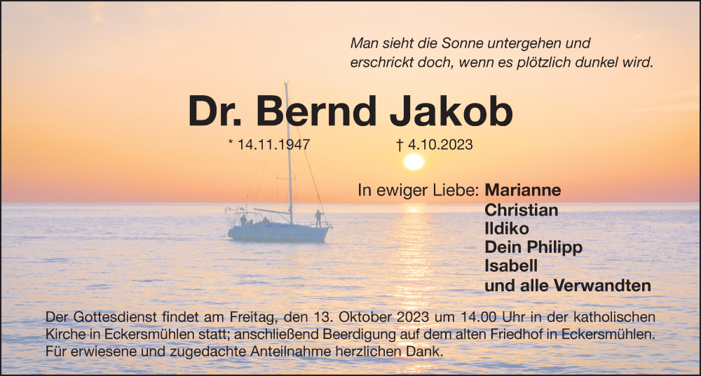  Traueranzeige für Bernd Jakob vom 07.10.2023 aus Roth-Hilpoltsteiner Volkszeitung/ Schwabach