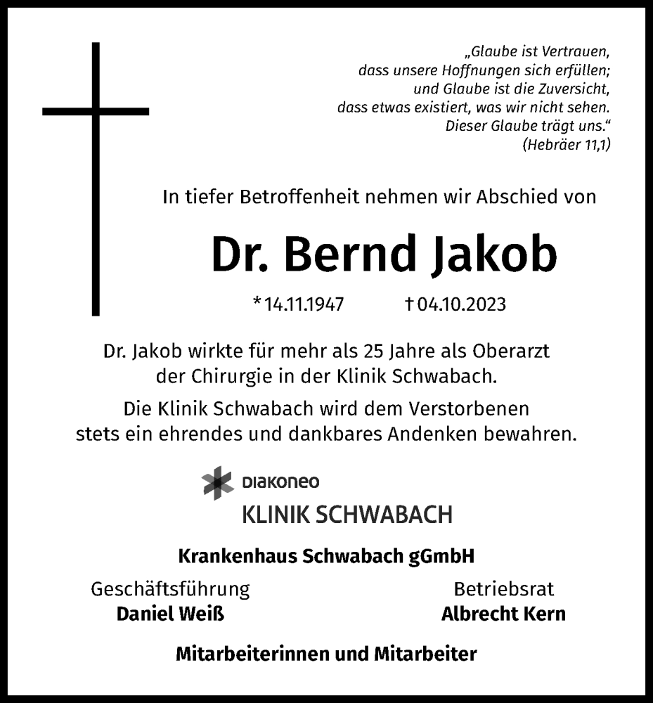  Traueranzeige für Bernd Jakob vom 14.10.2023 aus Schwabacher Tagblatt Lokal