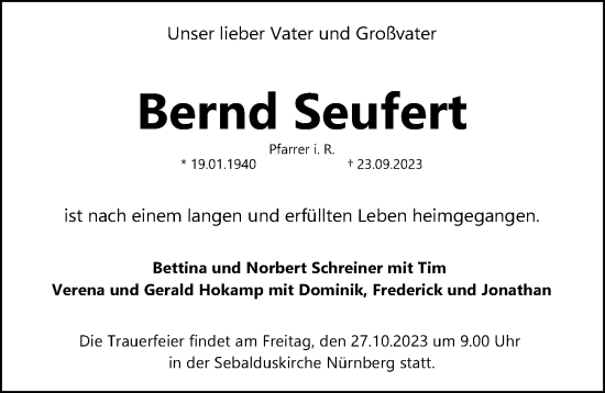 Traueranzeige von Bernd Seufert von Gesamtausgabe Nürnberger Nachrichten/ Nürnberger Ztg.