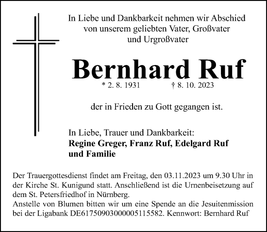 Traueranzeige von Bernhard Ruf von Gesamtausgabe Nürnberger Nachrichten/ Nürnberger Ztg.