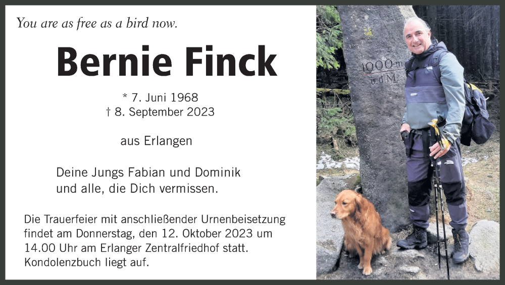  Traueranzeige für Bernward Finck vom 07.10.2023 aus Erlanger Nachrichten Lokal