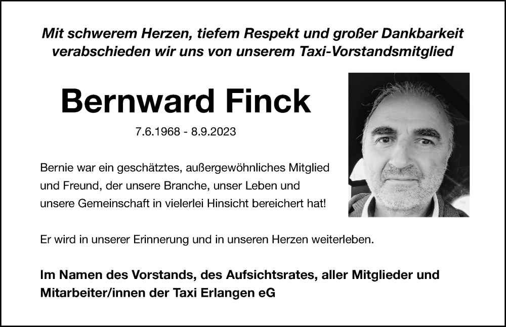  Traueranzeige für Bernward Finck vom 10.10.2023 aus Erlanger Nachrichten Lokal
