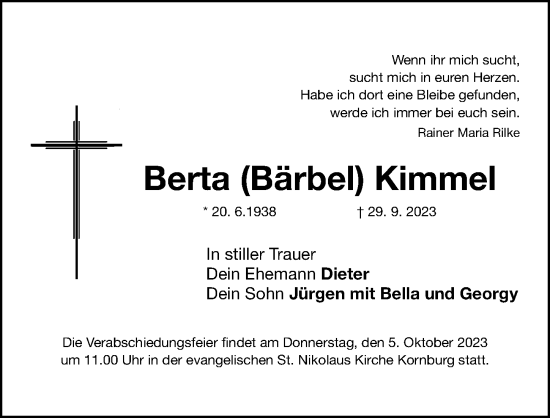 Traueranzeige von Berta Kimmel von Gesamtausgabe Nürnberger Nachrichten/ Nürnberger Ztg.
