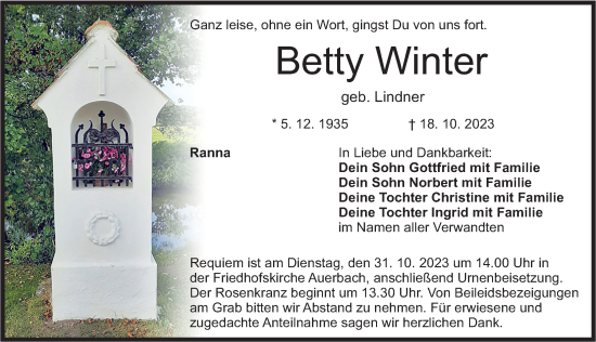 Traueranzeige von Betty Winter von Nordbayerische Nachrichten Pegnitz Lokal