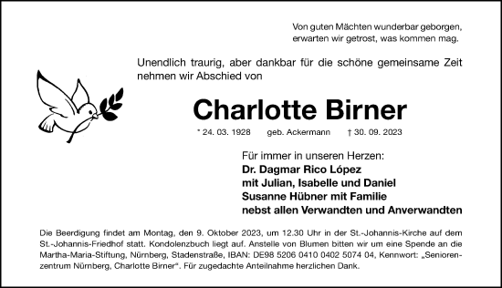 Traueranzeige von Charlotte Birner von Gesamtausgabe Nürnberger Nachrichten/ Nürnberger Ztg.