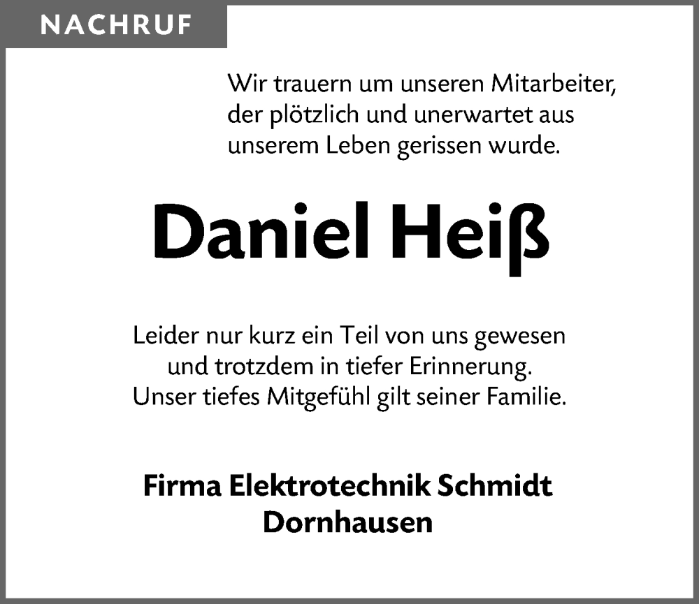 Traueranzeige für Daniel Heiß vom 25.10.2023 aus Altmühl-Bote Lokal