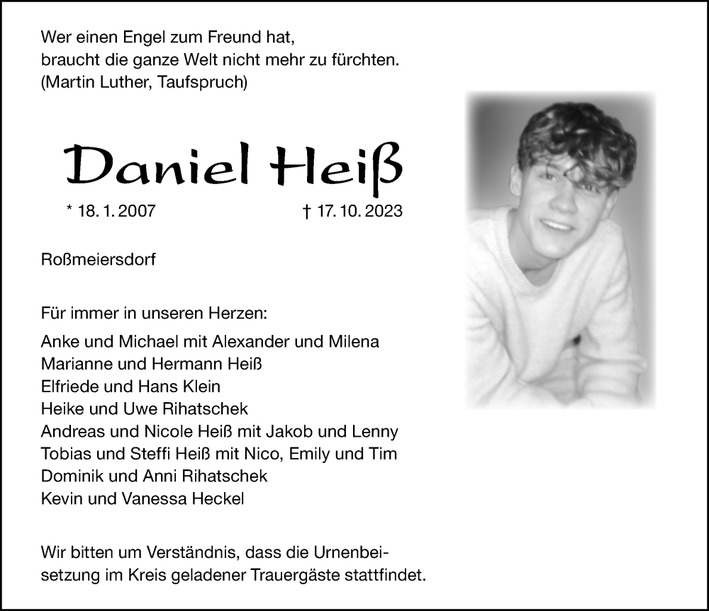  Traueranzeige für Daniel Heiß vom 21.10.2023 aus Altmühl-Bote Lokal