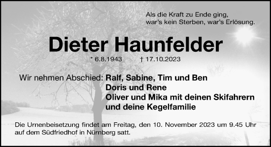 Traueranzeige von Dieter Haunfelder von Gesamtausgabe Nürnberger Nachrichten/ Nürnberger Ztg.