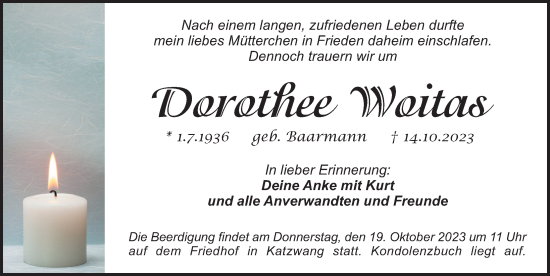 Traueranzeige von Dorothee Woitas von Gesamtausgabe Nürnberger Nachrichten/ Nürnberger Ztg.