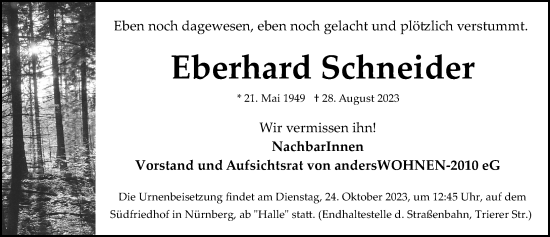 Traueranzeige von Eberhard Schneider von Gesamtausgabe Nürnberger Nachrichten/ Nürnberger Ztg.