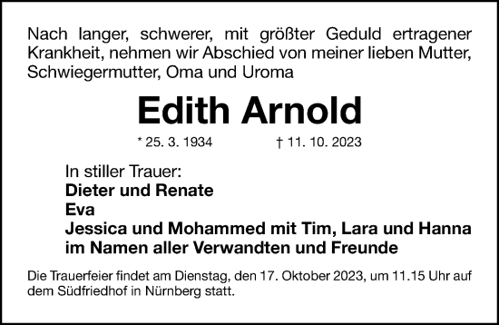 Traueranzeige von Edith Arnold von Gesamtausgabe Nürnberger Nachrichten/ Nürnberger Ztg.