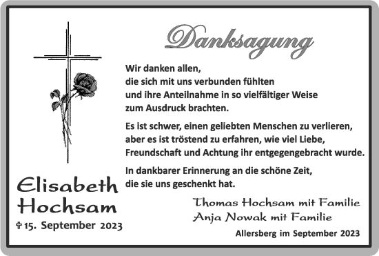 Traueranzeige von Elisabeth Hochsam von Roth-Hilpoltsteiner Volkszeitung Lokal
