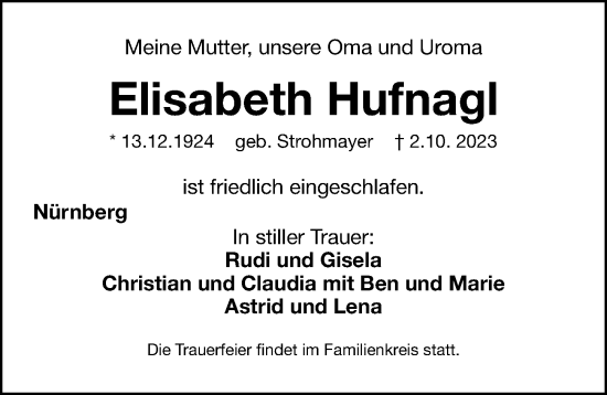 Traueranzeige von Elisabeth Hufnagl von Gesamtausgabe Nürnberger Nachrichten/ Nürnberger Ztg.