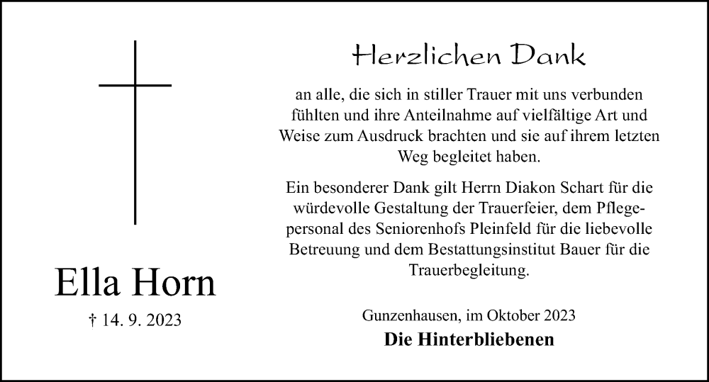  Traueranzeige für Ella Horn vom 07.10.2023 aus Altmühl-Bote Lokal