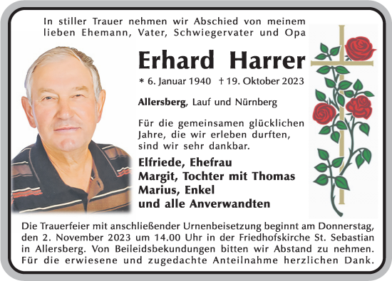 Traueranzeige von Erhard Harrer von Roth-Hilpoltsteiner Volkszeitung Lokal