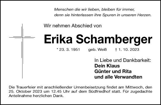 Traueranzeige von Erika Schamberger von Gesamtausgabe Nürnberger Nachrichten/ Nürnberger Ztg.