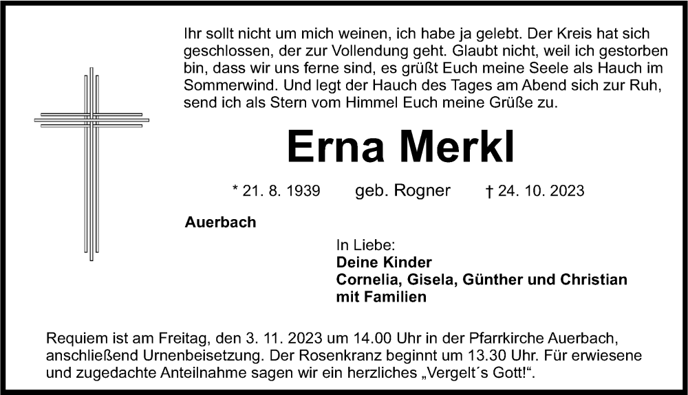  Traueranzeige für Erna Merkl vom 28.10.2023 aus Nordbayerische Nachrichten Pegnitz Lokal