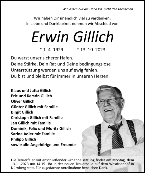 Traueranzeige von Erwin Gillich von Gesamtausgabe Nürnberger Nachrichten/ Nürnberger Ztg.