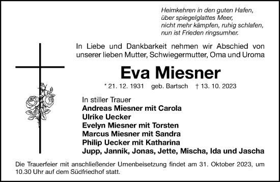 Traueranzeige von Eva Miesner von Gesamtausgabe Nürnberger Nachrichten/ Nürnberger Ztg.