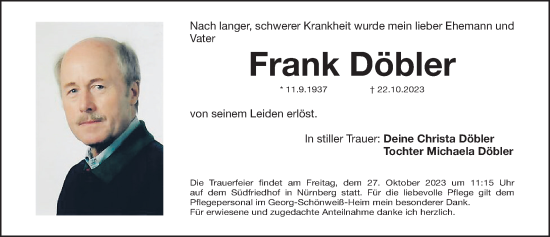 Traueranzeige von Frank Döbler von Gesamtausgabe Nürnberger Nachrichten/ Nürnberger Ztg.