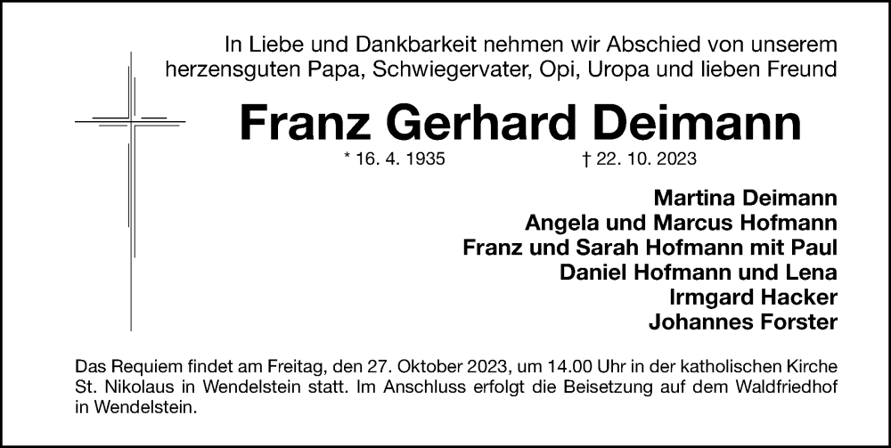  Traueranzeige für Franz  Deimann vom 26.10.2023 aus Gesamtausgabe Nürnberger Nachrichten/ Nürnberger Ztg.