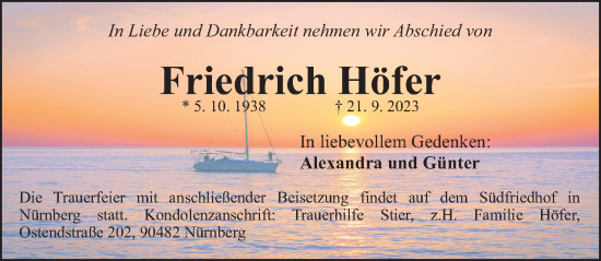 Traueranzeige von Friedrich Höfer von Gesamtausgabe Nürnberger Nachrichten/ Nürnberger Ztg.