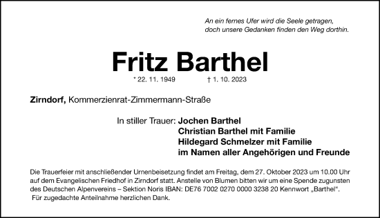Traueranzeige von Fritz Barthel von Fürther Nachrichten Lokal