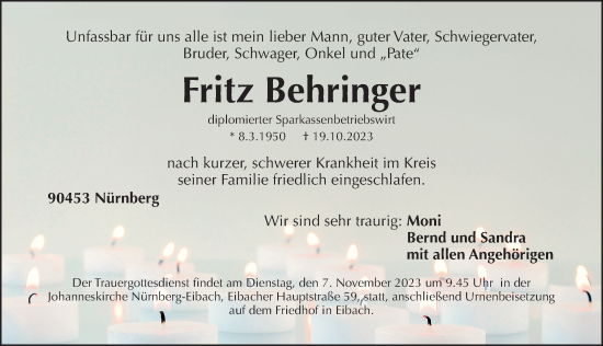 Traueranzeige von Fritz Behringer von Gesamtausgabe Nürnberger Nachrichten/ Nürnberger Ztg.