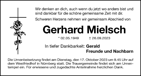 Traueranzeige von Gerald Mielsch von Gesamtausgabe Nürnberger Nachrichten/ Nürnberger Ztg.