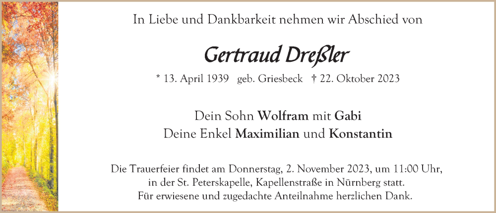  Traueranzeige für Gertraud Dreßler vom 28.10.2023 aus Gesamtausgabe Nürnberger Nachrichten/ Nürnberger Ztg.